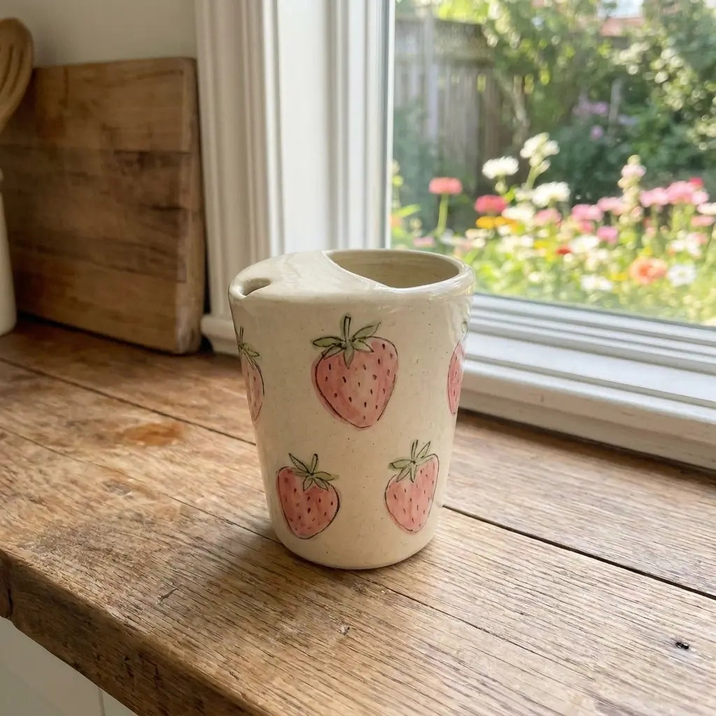 Strawberry Ceramic Travel Mug – Handmade Cute Coffee Tumbler, Aesthetic Fruit Mug, Gift for Her Siporia