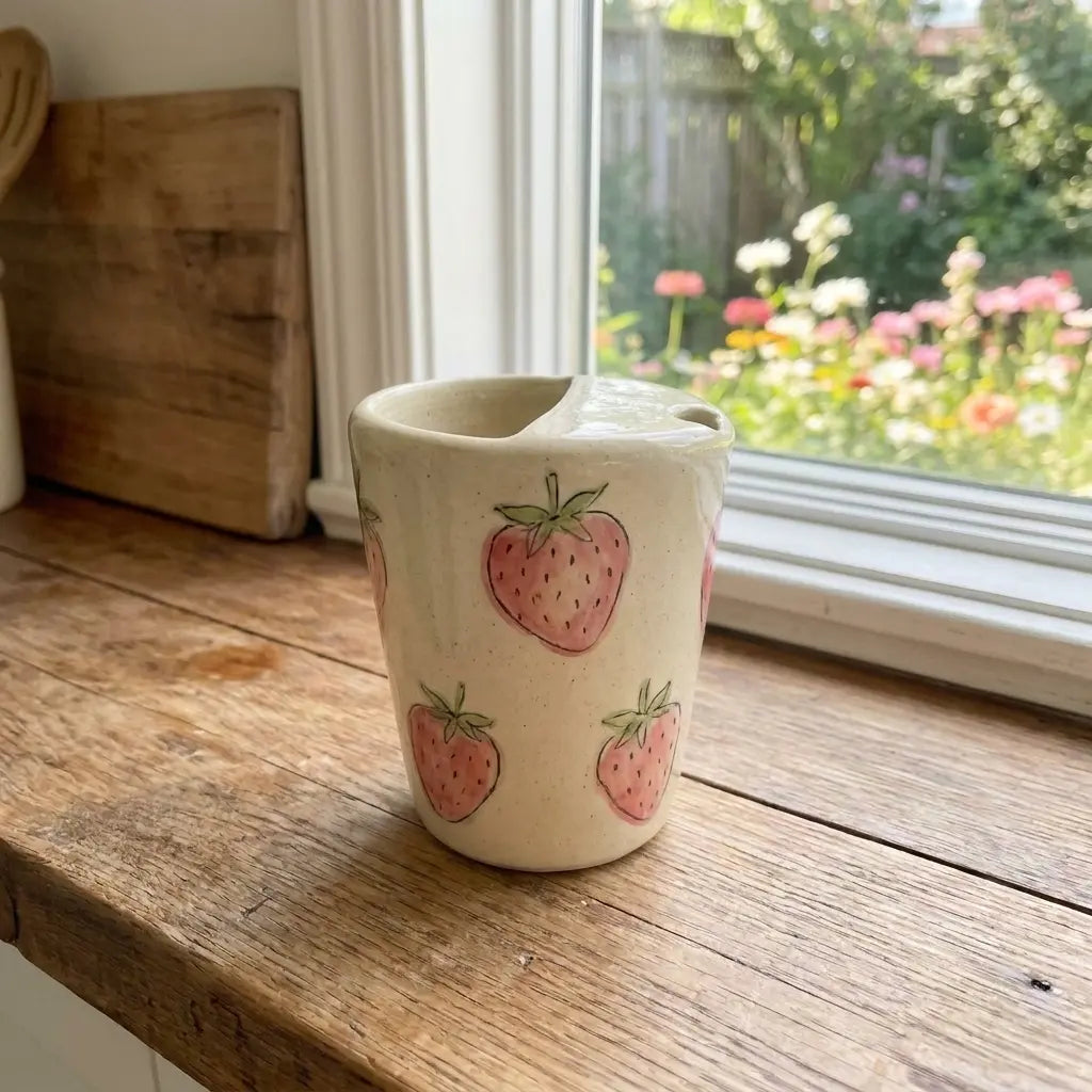 Strawberry Ceramic Travel Mug – Handmade Cute Coffee Tumbler, Aesthetic Fruit Mug, Gift for Her Siporia