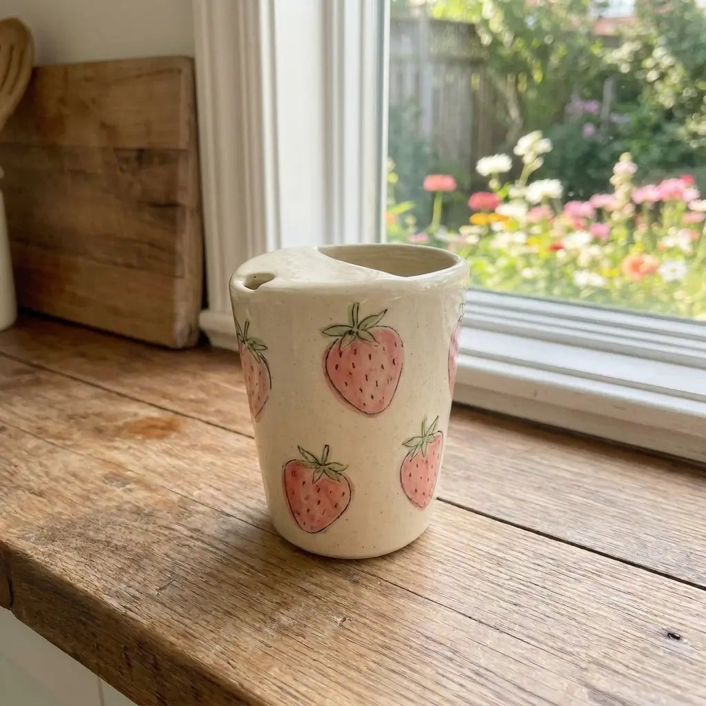 Strawberry Ceramic Travel Mug – Handmade Cute Coffee Tumbler, Aesthetic Fruit Mug, Gift for Her Siporia
