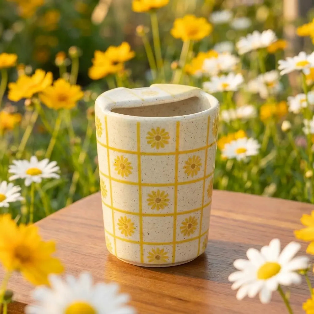 Handmade Sunflower Checkered Mug | Cottagecore Floral Coffee Cup Siporia