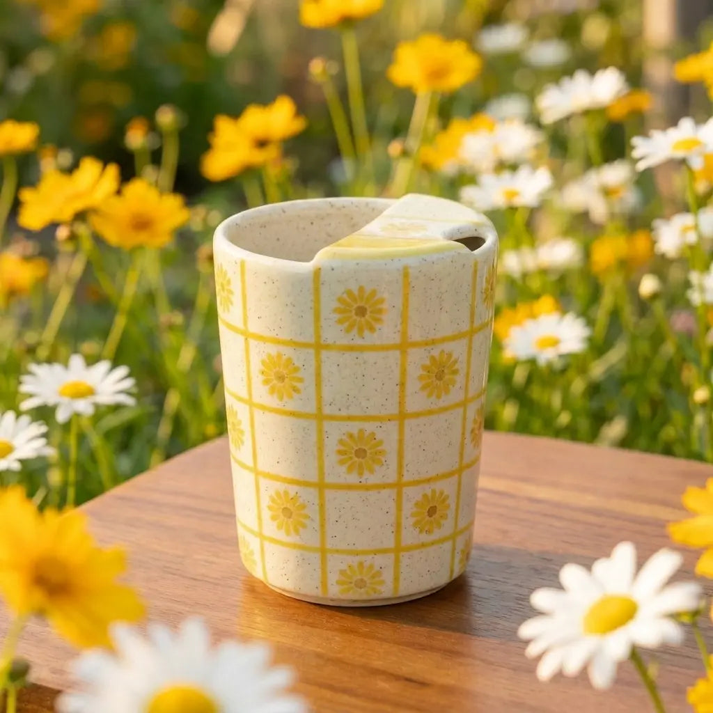 Handmade Sunflower Checkered Mug | Cottagecore Floral Coffee Cup Siporia