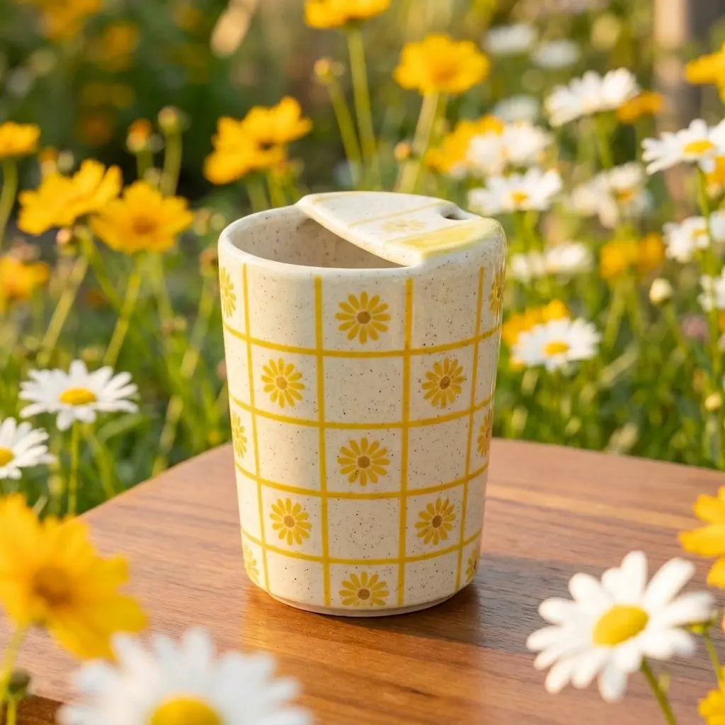 Handmade Sunflower Checkered Mug | Cottagecore Floral Coffee Cup Siporia