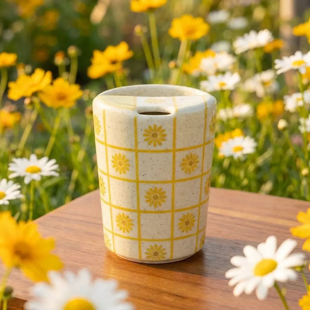 Handmade Sunflower Checkered Mug | Cottagecore Floral Coffee Cup Siporia