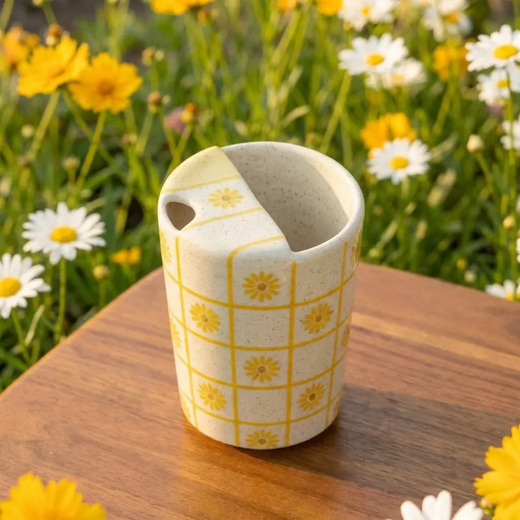 Handmade Sunflower Checkered Mug | Cottagecore Floral Coffee Cup Siporia