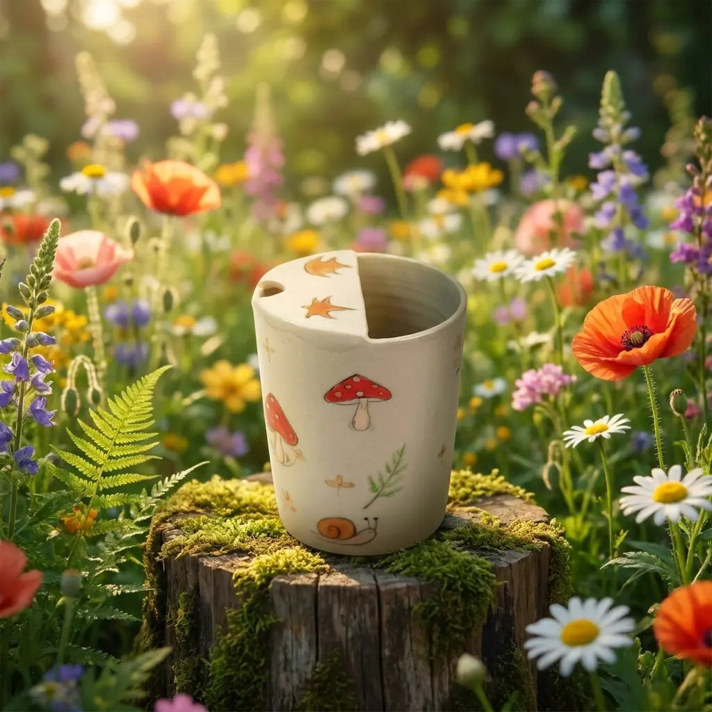 Woodland Mushroom & Fern Handmade Ceramic Travel Mug - Whimsical Cottagecore Sip Cup Siporia