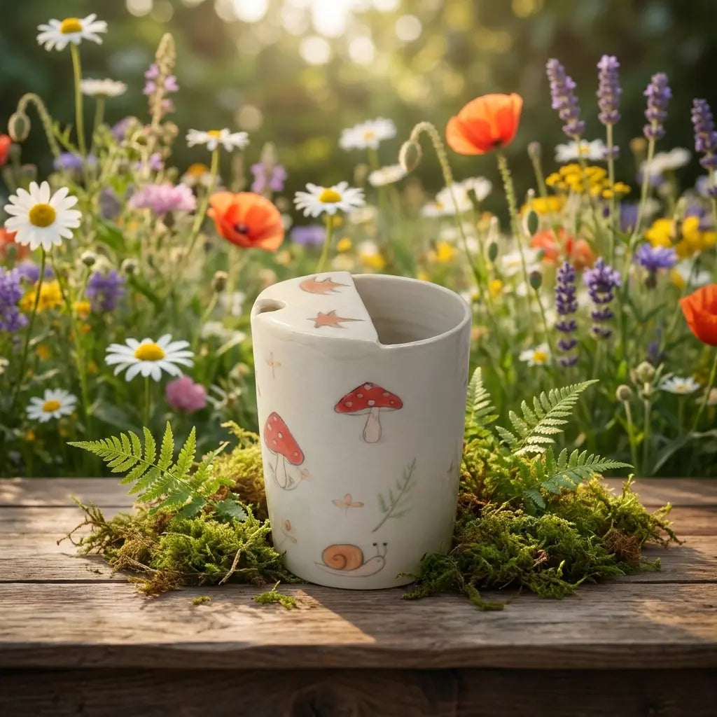 Woodland Mushroom & Fern Handmade Ceramic Travel Mug - Whimsical Cottagecore Sip Cup Siporia