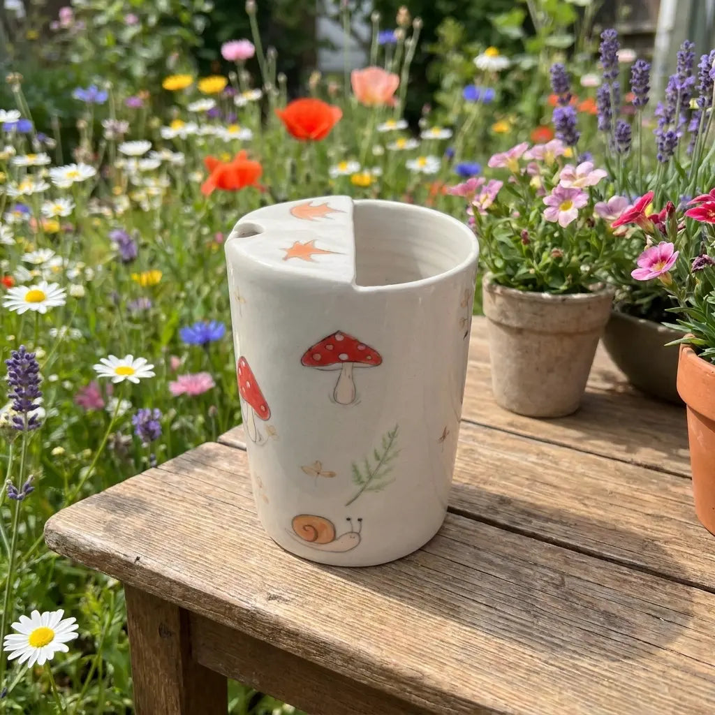 Woodland Mushroom & Fern Handmade Ceramic Travel Mug - Whimsical Cottagecore Sip Cup Siporia