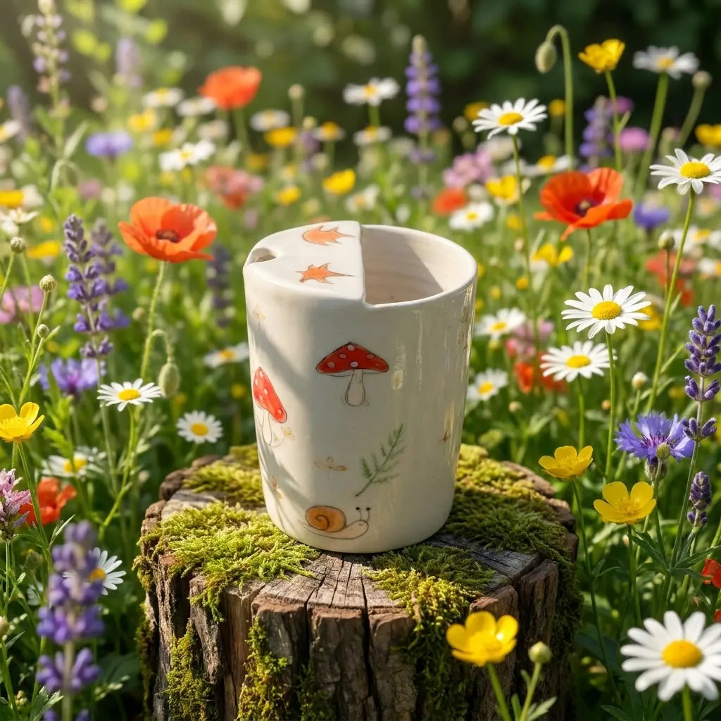 Woodland Mushroom & Fern Handmade Ceramic Travel Mug - Whimsical Cottagecore Sip Cup Siporia