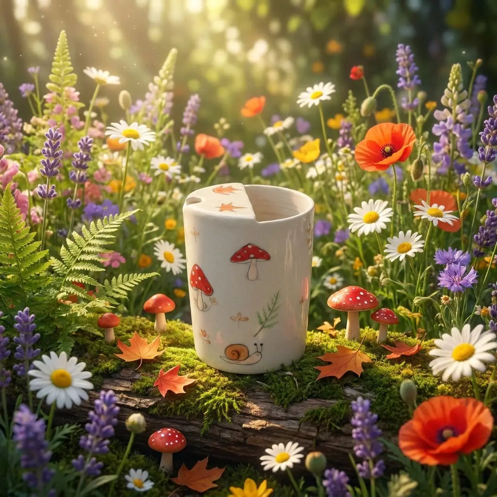 Woodland Mushroom & Fern Handmade Ceramic Travel Mug - Whimsical Cottagecore Sip Cup Siporia