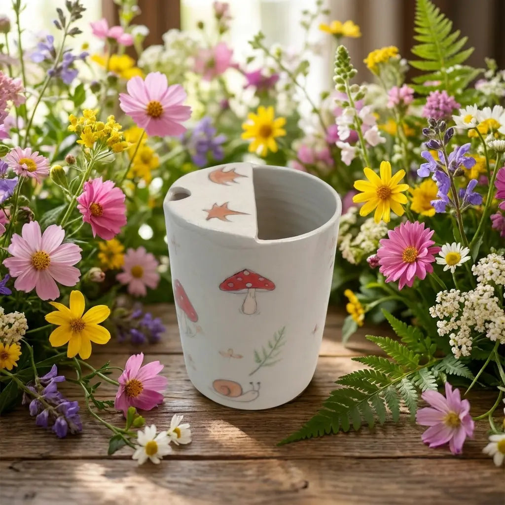 Woodland Mushroom & Fern Handmade Ceramic Travel Mug - Whimsical Cottagecore Sip Cup Siporia