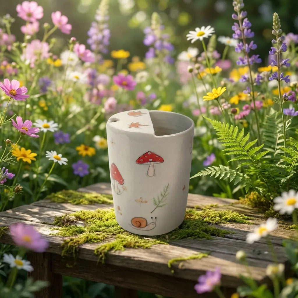 Woodland Mushroom & Fern Handmade Ceramic Travel Mug - Whimsical Cottagecore Sip Cup Siporia