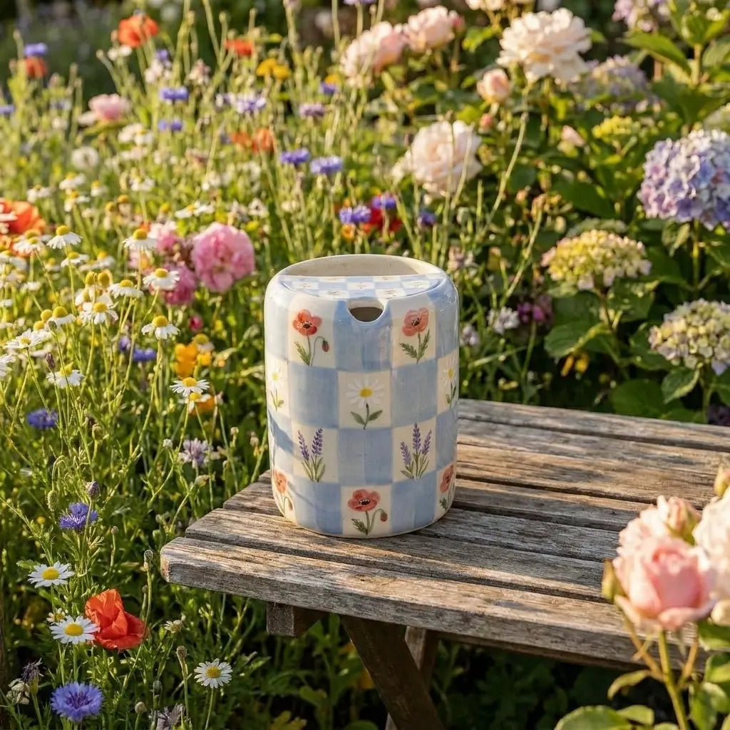 Handmade Blue Floral Checkered Mug | Cottagecore Ceramic Coffee Cup Siporia