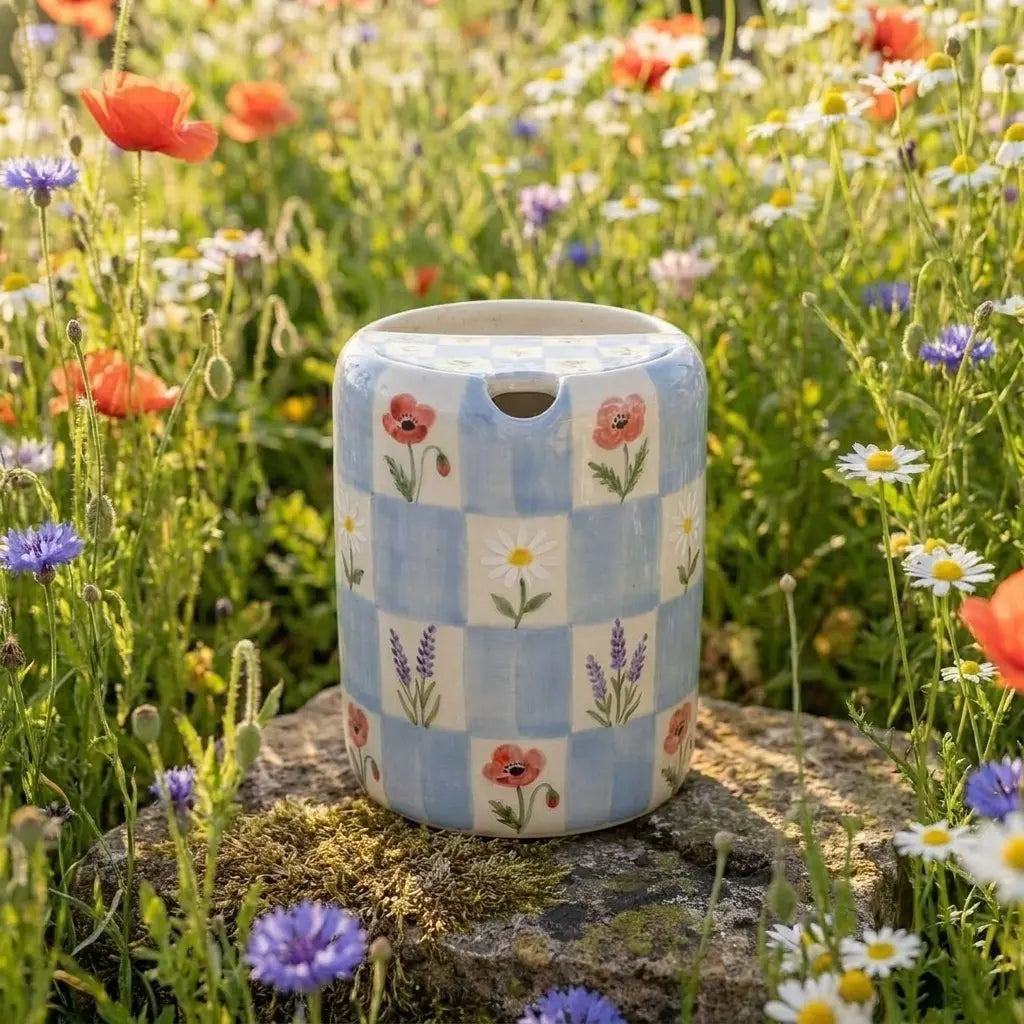 Handmade Blue Floral Checkered Mug | Cottagecore Ceramic Coffee Cup Siporia