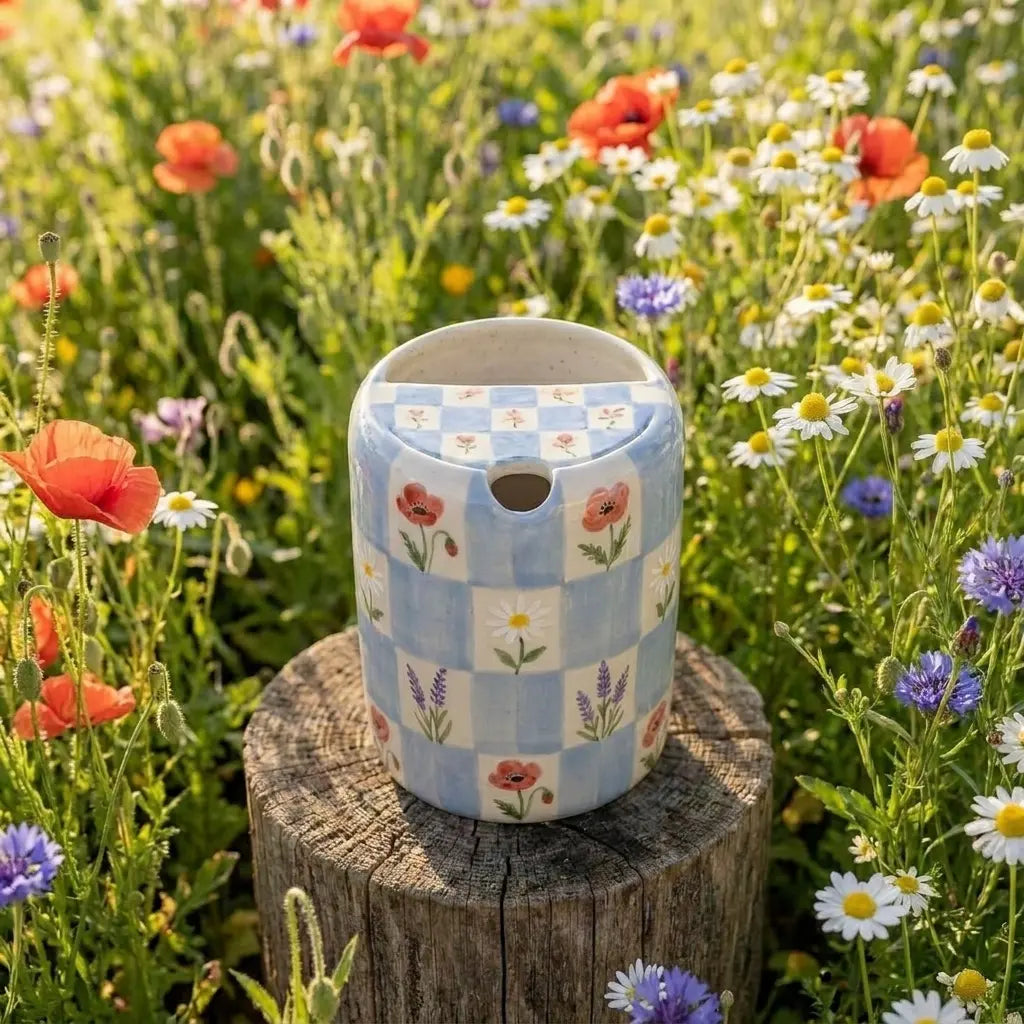 Handmade Blue Floral Checkered Mug | Cottagecore Ceramic Coffee Cup Siporia