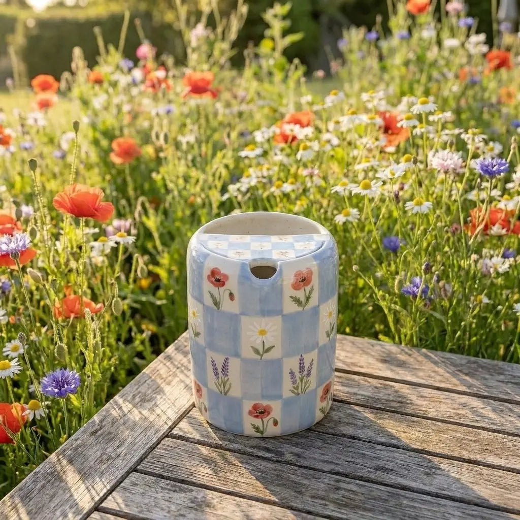 Handmade Blue Floral Checkered Mug | Cottagecore Ceramic Coffee Cup Siporia