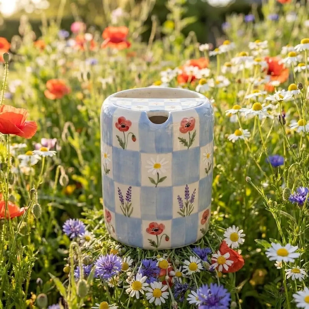 Handmade Blue Floral Checkered Mug | Cottagecore Ceramic Coffee Cup Siporia