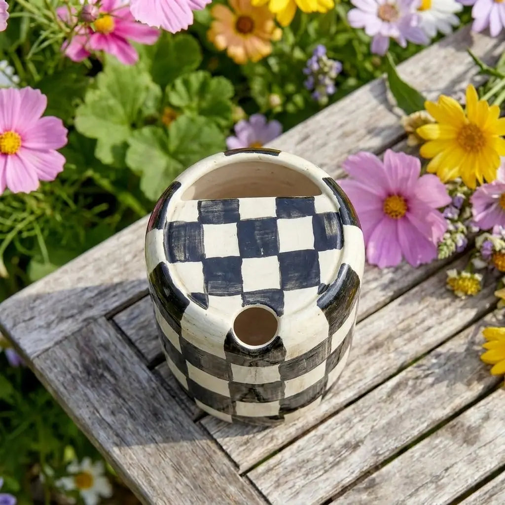 Black Checkered Ceramic Travel Mug with Spout – Handmade Coffee Tumbler, Leak-Free Sip Cup, Aesthetic Gift for Her Siporia