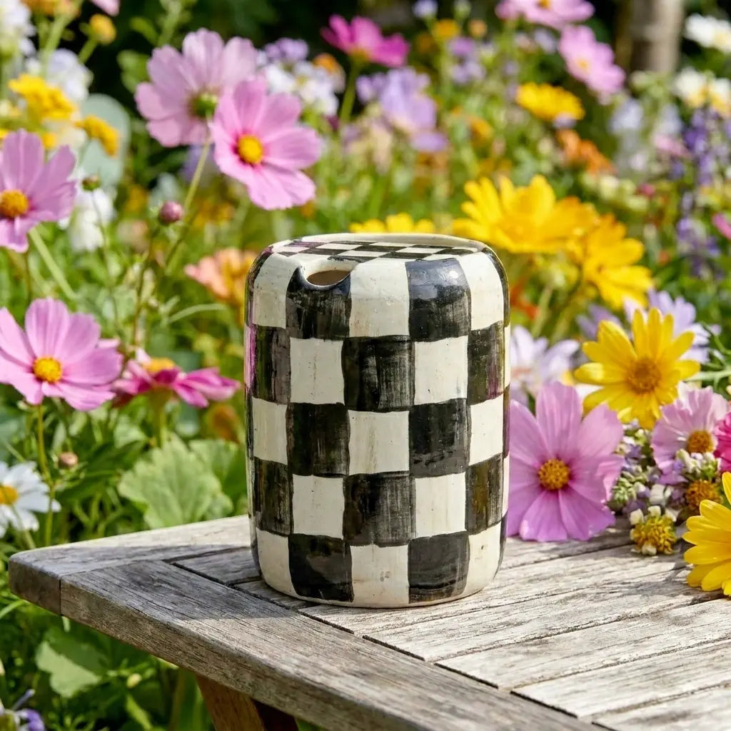 Black Checkered Ceramic Travel Mug with Spout – Handmade Coffee Tumbler, Leak-Free Sip Cup, Aesthetic Gift for Her Siporia