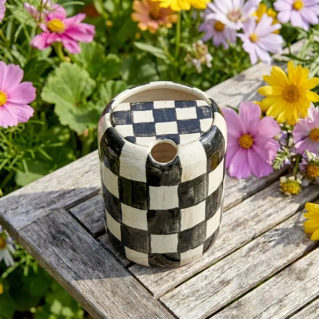 Black Checkered Ceramic Travel Mug with Spout – Handmade Coffee Tumbler, Leak-Free Sip Cup, Aesthetic Gift for Her Siporia