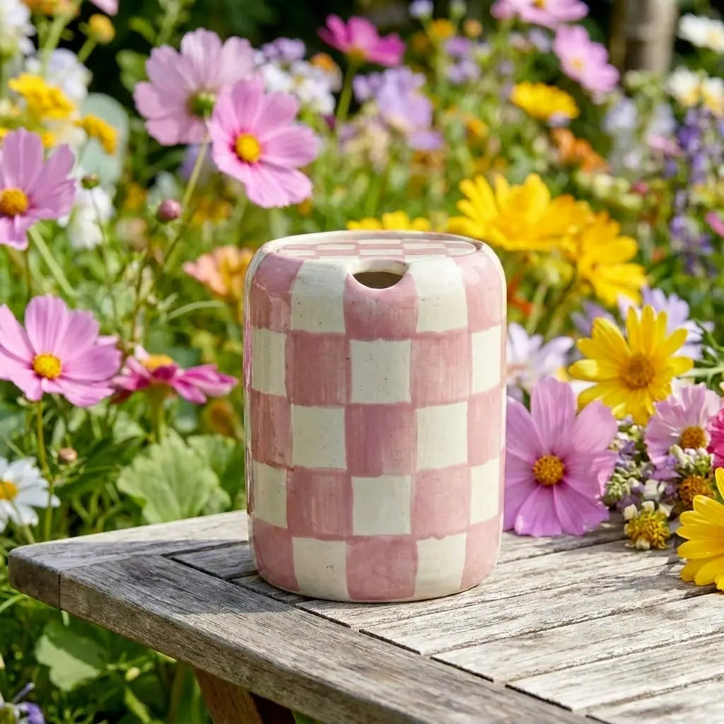 Pink Checkered Ceramic Travel Mug with Spout – Handmade Coffee Tumbler, Leak-Free Sip Cup, Aesthetic Gift for Her Siporia