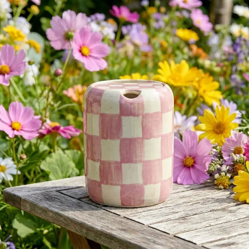 Pink Checkered Ceramic Travel Mug with Spout – Handmade Coffee Tumbler, Leak-Free Sip Cup, Aesthetic Gift for Her Siporia