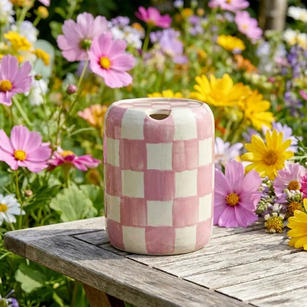 Pink Checkered Ceramic Travel Mug with Spout – Handmade Coffee Tumbler, Leak-Free Sip Cup, Aesthetic Gift for Her Siporia