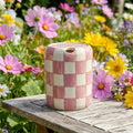 Pink Checkered Ceramic Travel Mug with Spout – Handmade Coffee Tumbler, Leak-Free Sip Cup, Aesthetic Gift for Her Siporia