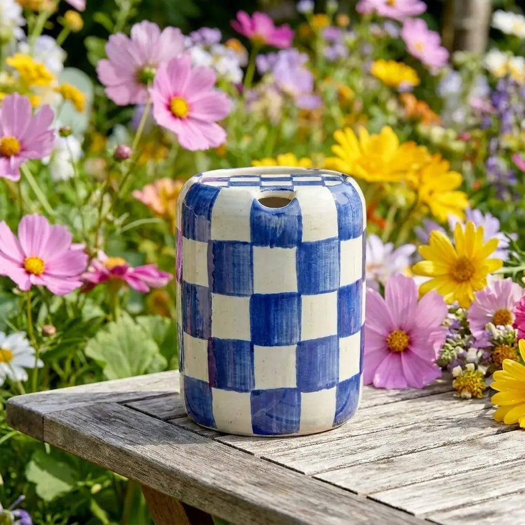 Blue Checkered Ceramic Travel Mug with Spout – Handmade Coffee Tumbler, Leak-Free Sip Cup, Aesthetic Gift for Her Siporia
