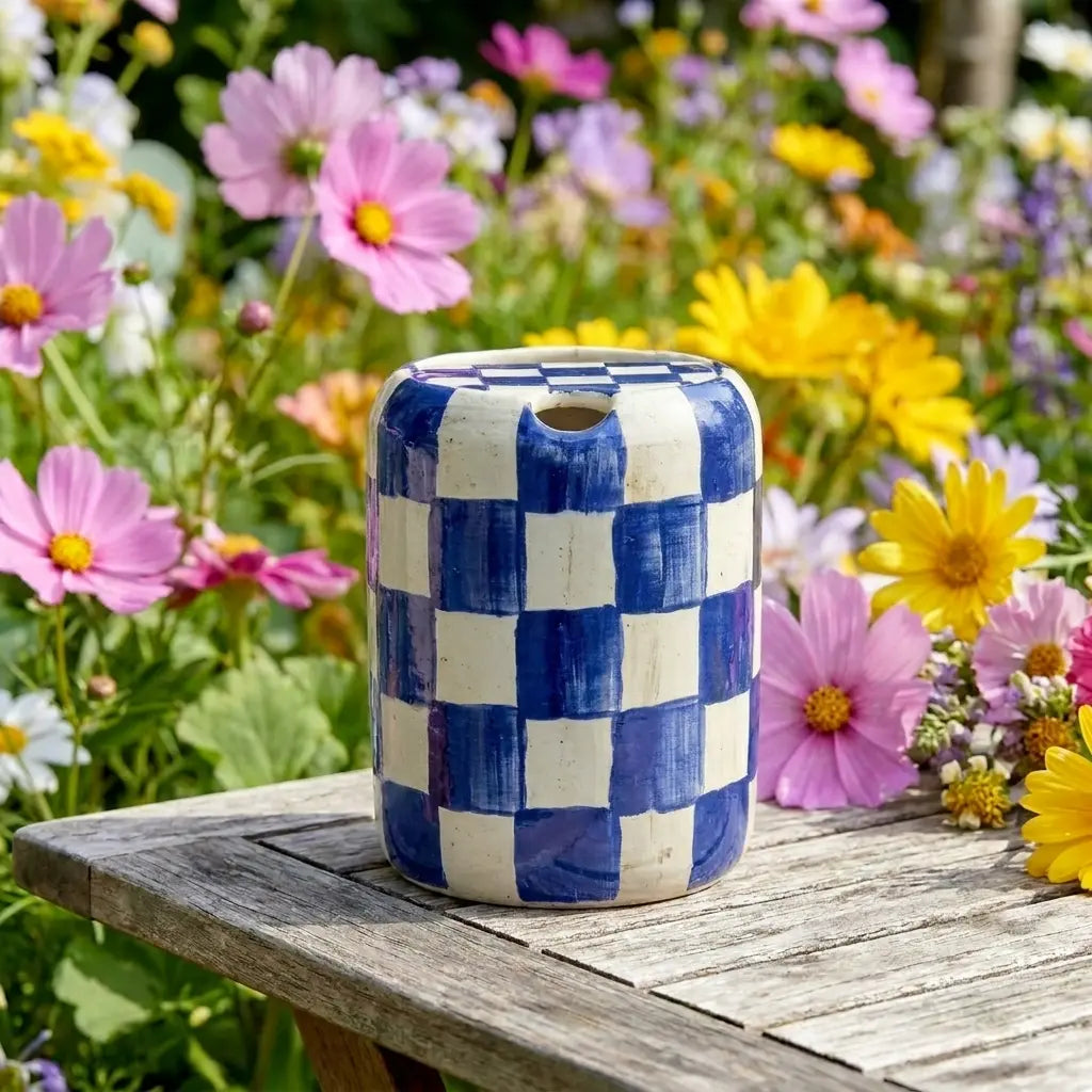 Blue Checkered Ceramic Travel Mug with Spout – Handmade Coffee Tumbler, Leak-Free Sip Cup, Aesthetic Gift for Her Siporia