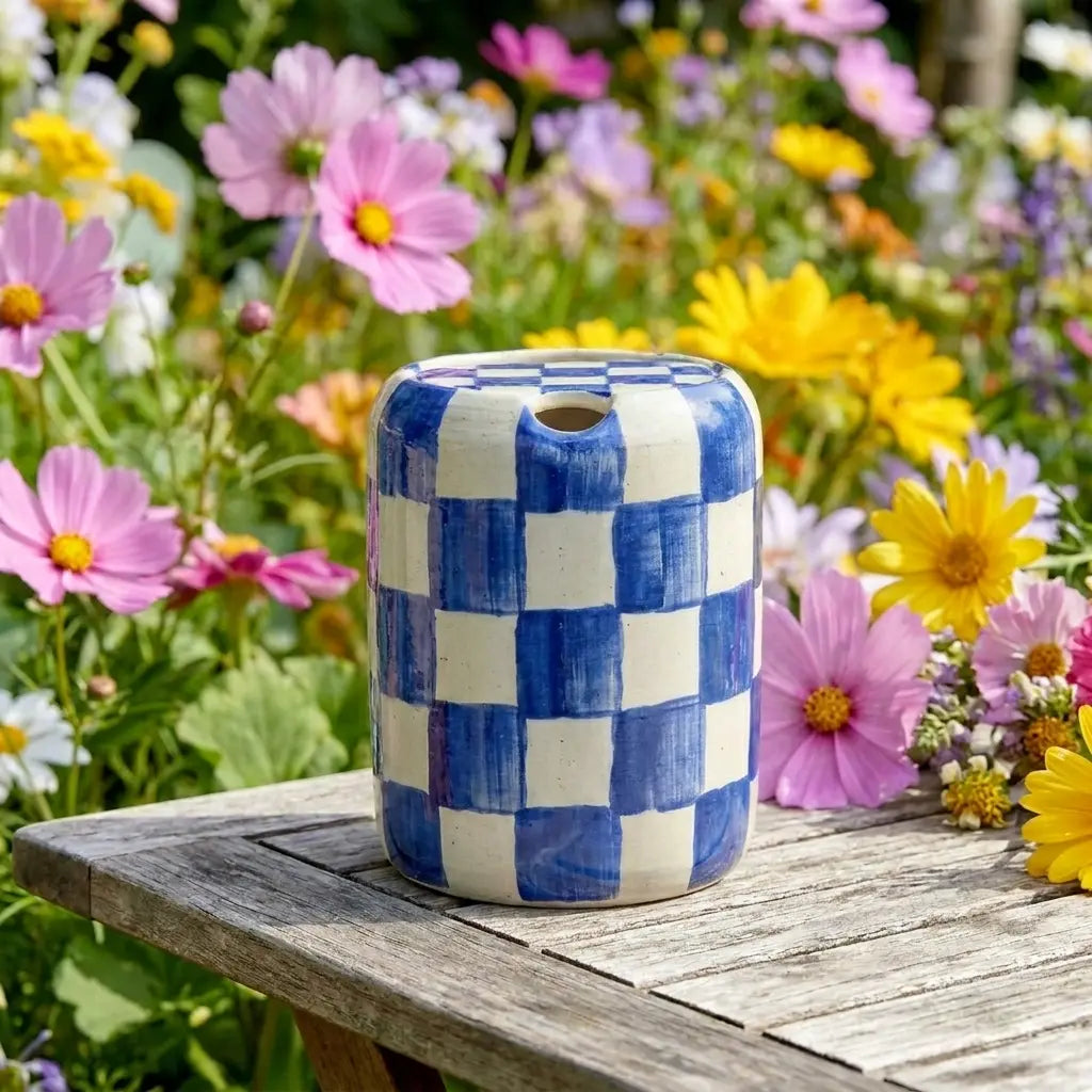 Blue Checkered Ceramic Travel Mug with Spout – Handmade Coffee Tumbler, Leak-Free Sip Cup, Aesthetic Gift for Her Siporia
