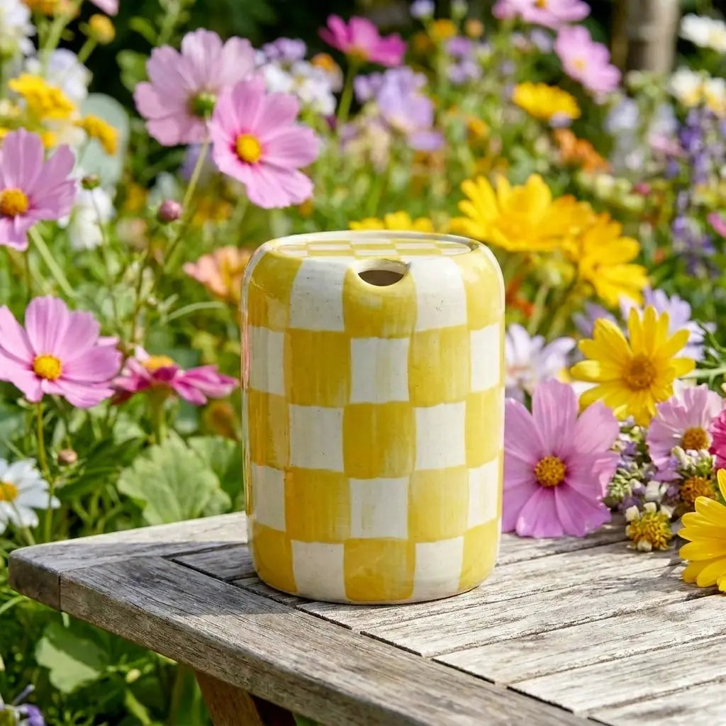 Yellow Checkered Ceramic Travel Mug with Spout – Handmade Coffee Tumbler, Leak-Free Sip Cup, Aesthetic Gift for Her Siporia