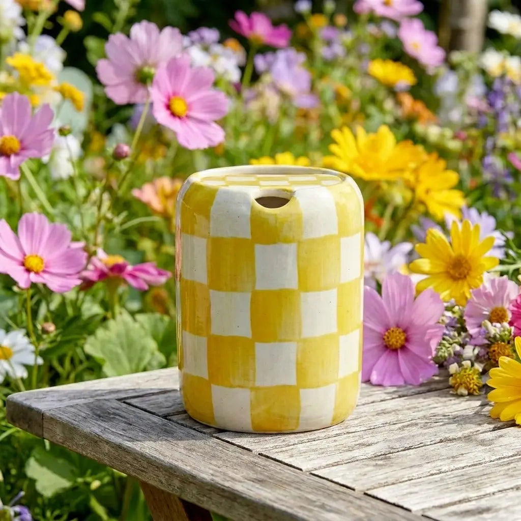 Yellow Checkered Ceramic Travel Mug with Spout – Handmade Coffee Tumbler, Leak-Free Sip Cup, Aesthetic Gift for Her Siporia