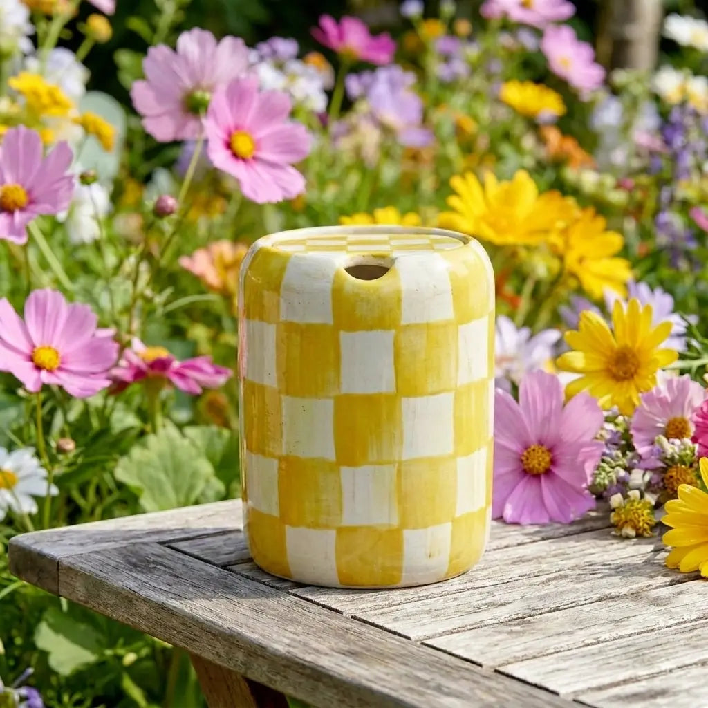 Yellow Checkered Ceramic Travel Mug with Spout – Handmade Coffee Tumbler, Leak-Free Sip Cup, Aesthetic Gift for Her Siporia