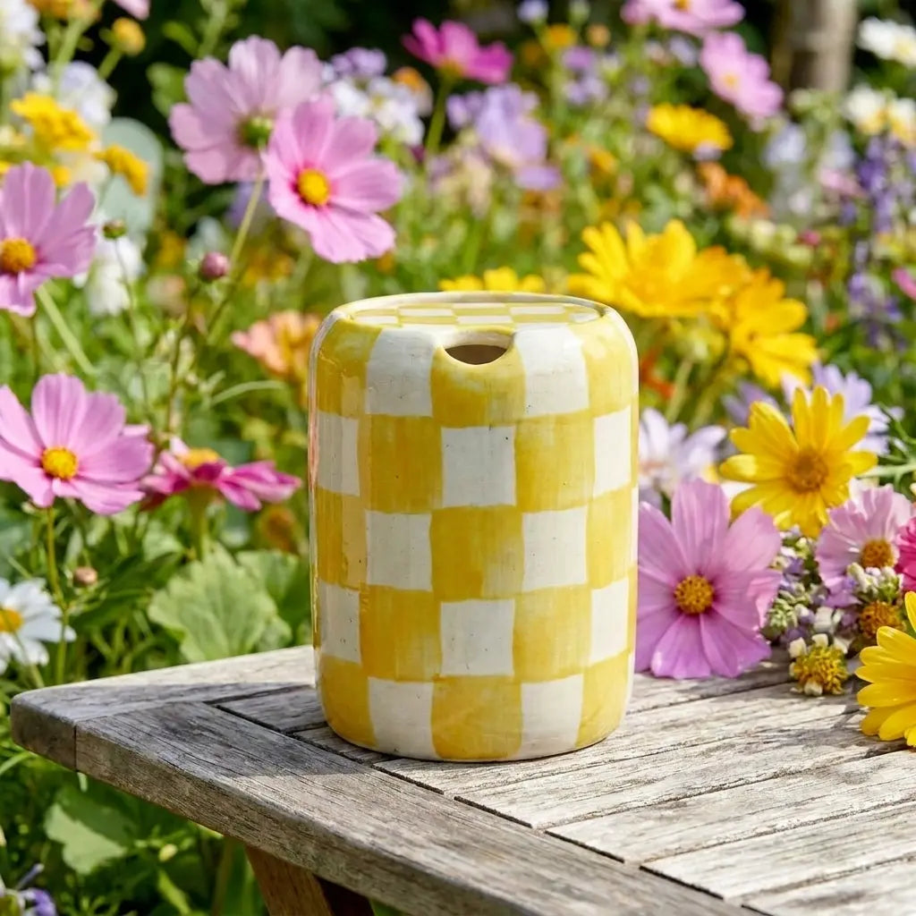 Yellow Checkered Ceramic Travel Mug with Spout – Handmade Coffee Tumbler, Leak-Free Sip Cup, Aesthetic Gift for Her Siporia