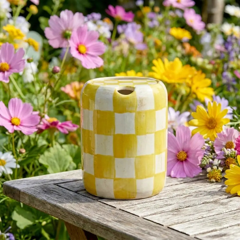 Yellow Checkered Ceramic Travel Mug with Spout – Handmade Coffee Tumbler, Leak-Free Sip Cup, Aesthetic Gift for Her Siporia