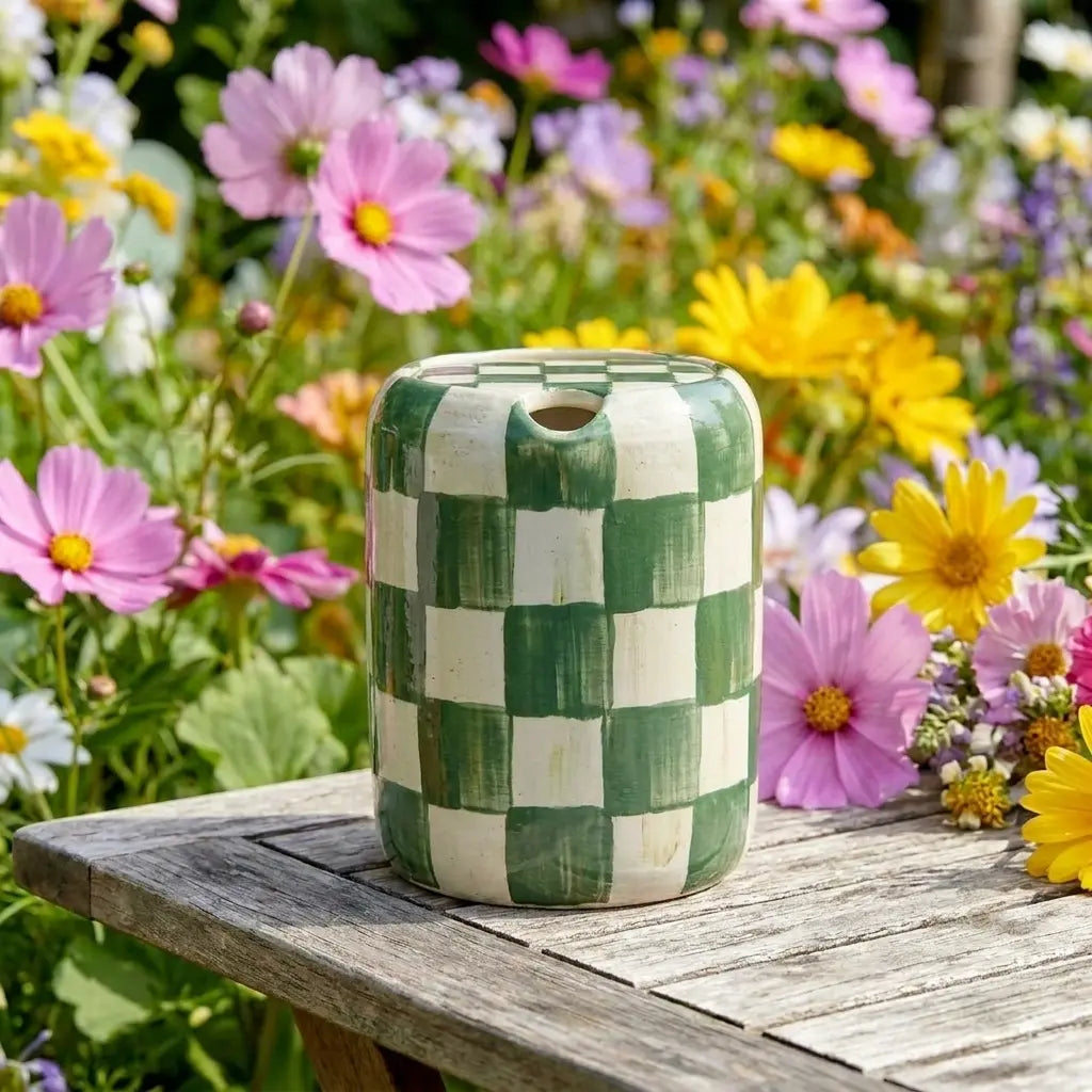 Green Checkered Ceramic Travel Mug with Spout – Handmade Coffee Tumbler, Leak-Free Sip Cup, Aesthetic Gift for Her Siporia
