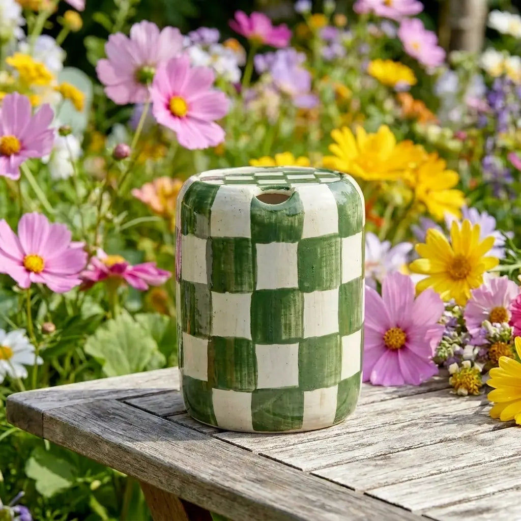 Green Checkered Ceramic Travel Mug with Spout – Handmade Coffee Tumbler, Leak-Free Sip Cup, Aesthetic Gift for Her Siporia