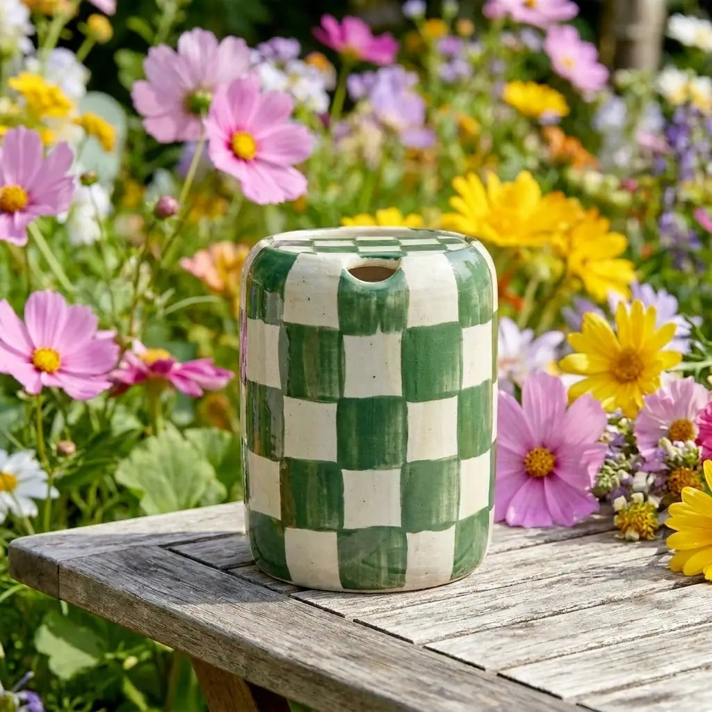 Green Checkered Ceramic Travel Mug with Spout – Handmade Coffee Tumbler, Leak-Free Sip Cup, Aesthetic Gift for Her Siporia