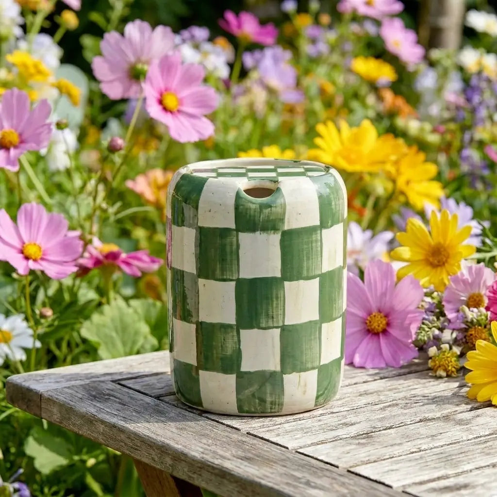 Green Checkered Ceramic Travel Mug with Spout – Handmade Coffee Tumbler, Leak-Free Sip Cup, Aesthetic Gift for Her Siporia