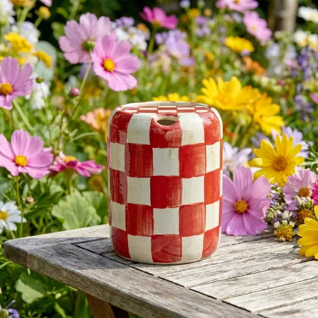Red Checkered Ceramic Travel Mug with Spout – Handmade Coffee Tumbler, Leak-Free Sip Cup, Aesthetic Gift for Her Siporia