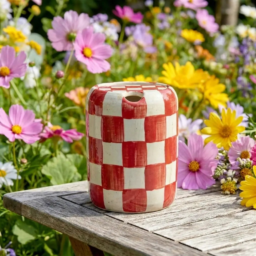 Red Checkered Ceramic Travel Mug with Spout – Handmade Coffee Tumbler, Leak-Free Sip Cup, Aesthetic Gift for Her Siporia
