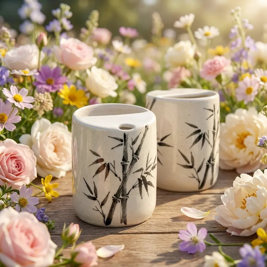 Bamboo Ink Art Ceramic Mug Set | Handmade Japanese Zen Tea & Coffee Cups Siporia
