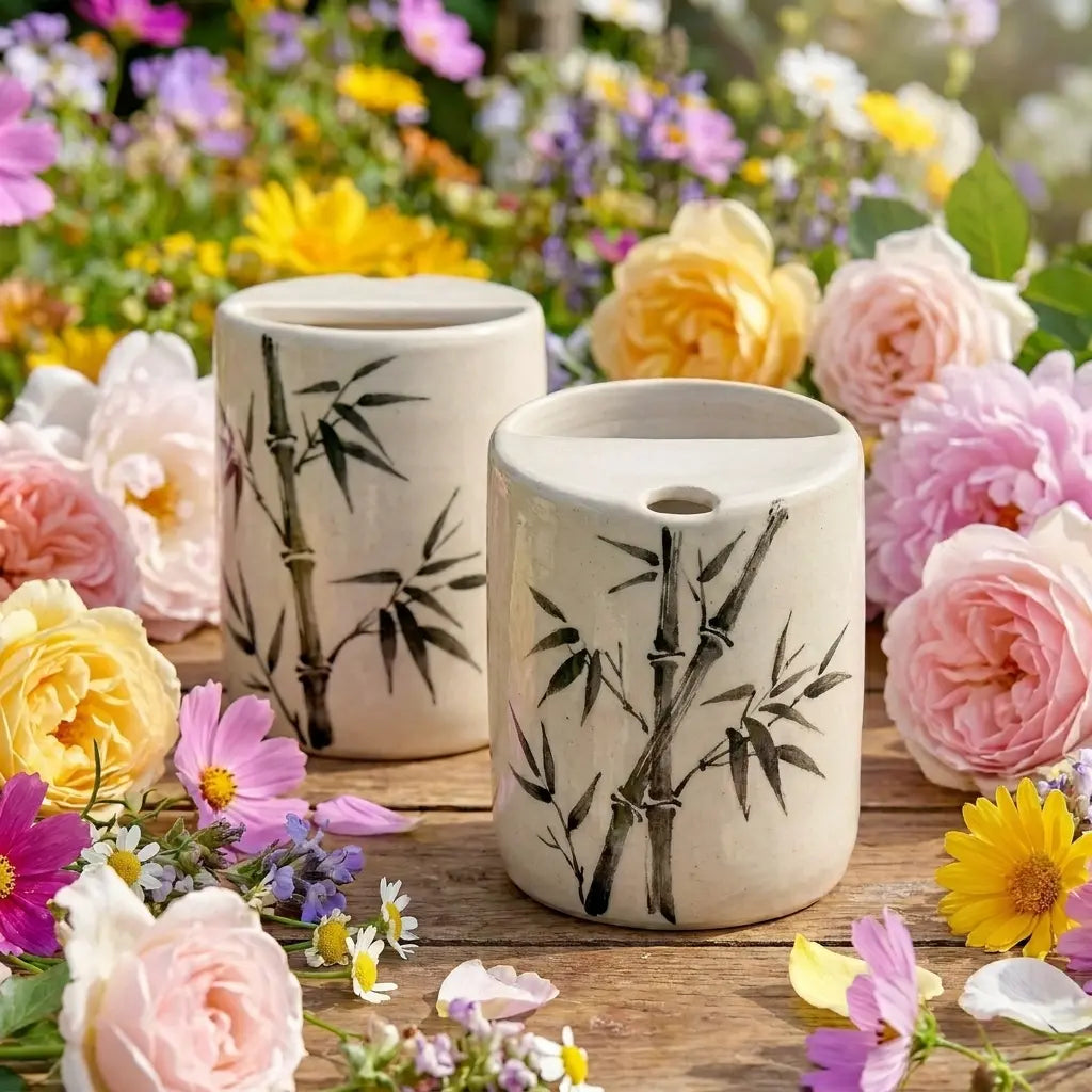 Bamboo Ink Art Ceramic Mug Set | Handmade Japanese Zen Tea & Coffee Cups Siporia