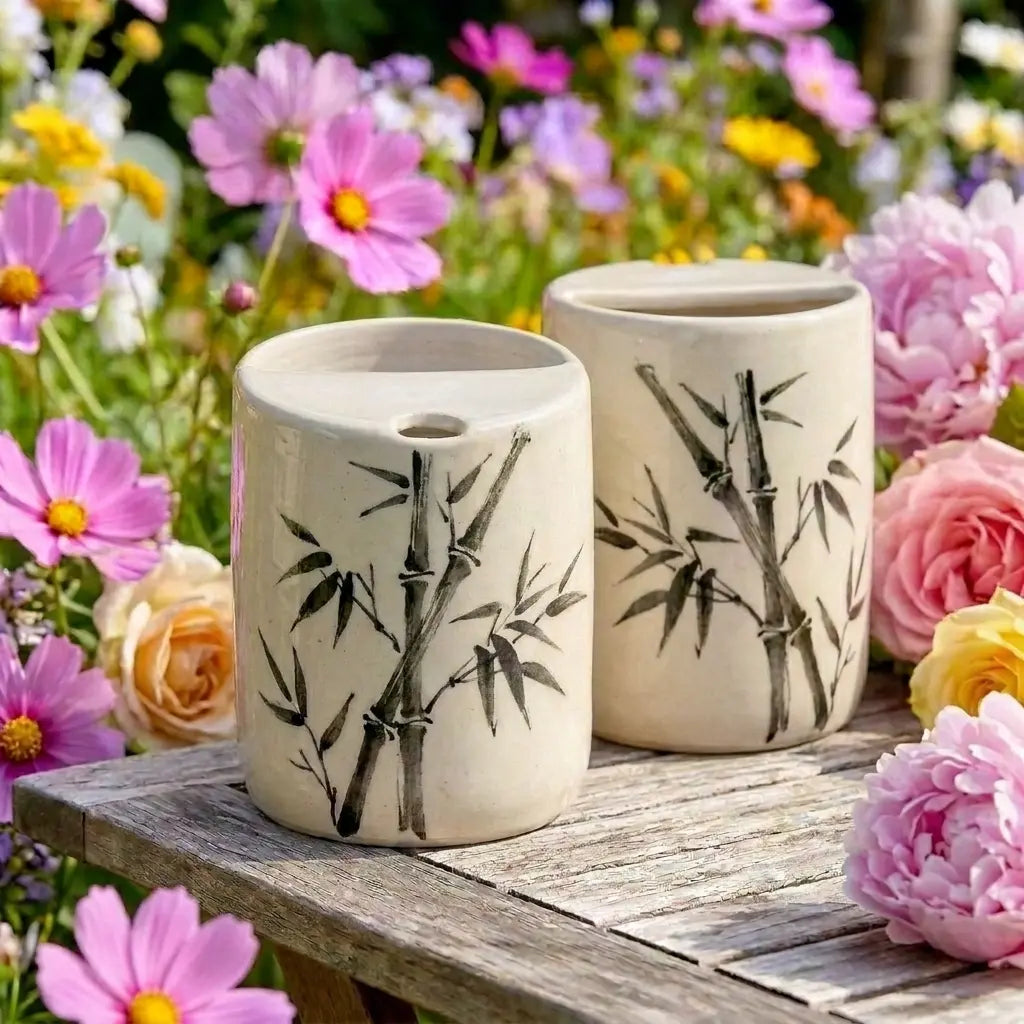 Bamboo Ink Art Ceramic Mug Set | Handmade Japanese Zen Tea & Coffee Cups Siporia