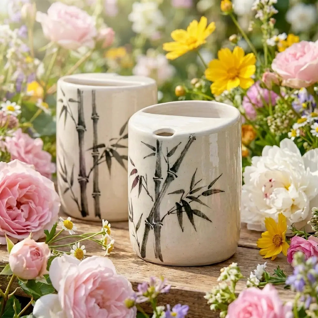Bamboo Ink Art Ceramic Mug Set | Handmade Japanese Zen Tea & Coffee Cups Siporia