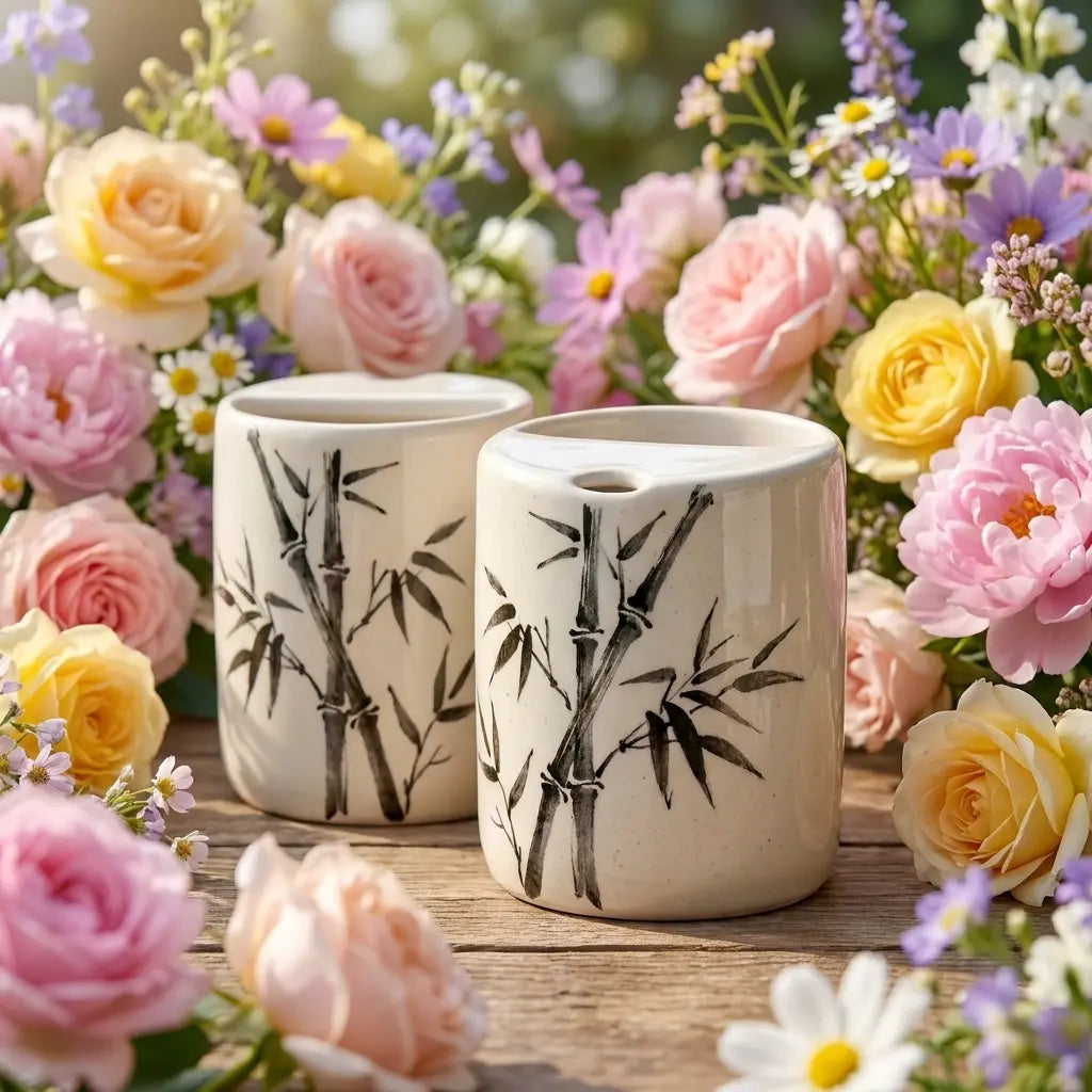 Bamboo Ink Art Ceramic Mug Set | Handmade Japanese Zen Tea & Coffee Cups Siporia