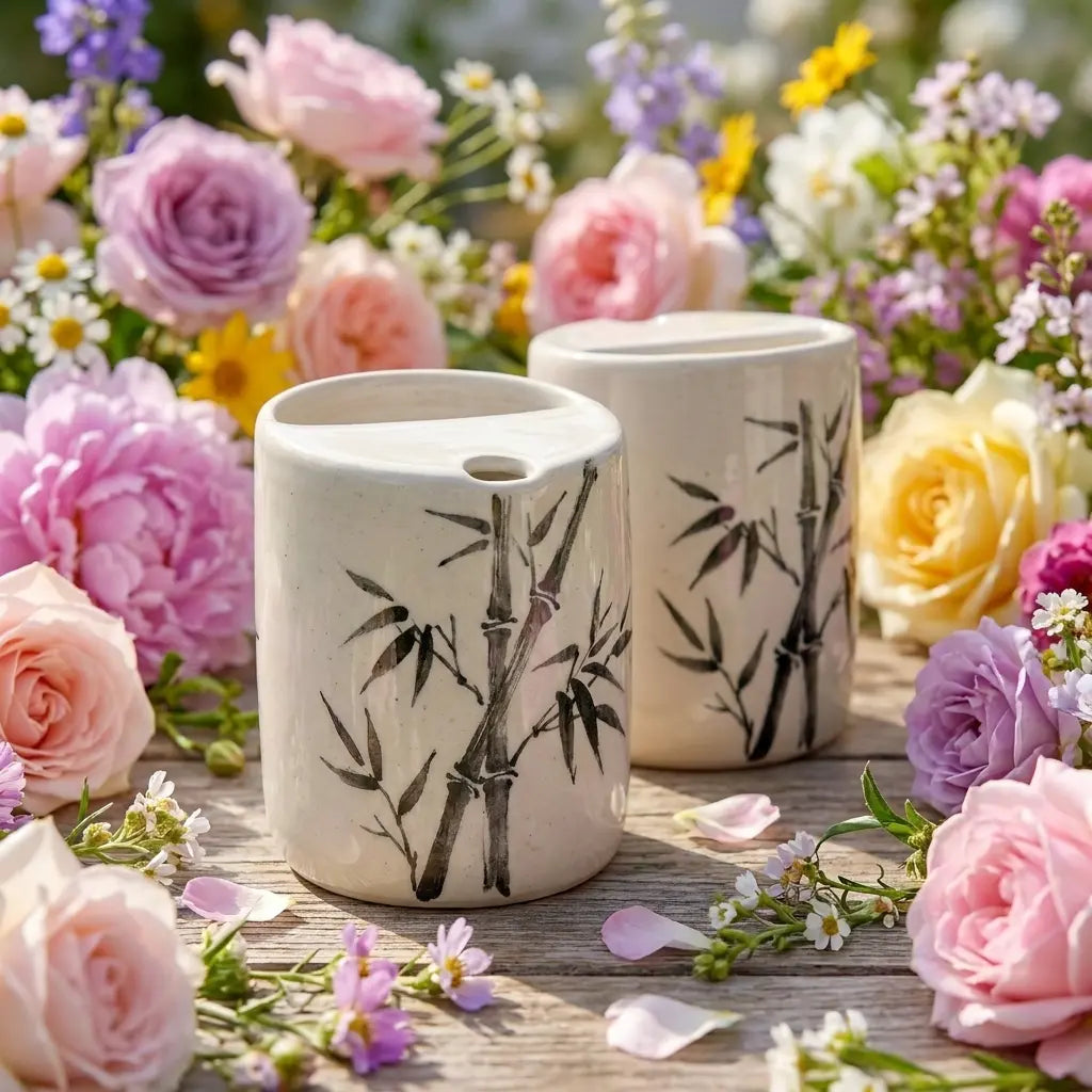 Bamboo Ink Art Ceramic Mug Set | Handmade Japanese Zen Tea & Coffee Cups Siporia