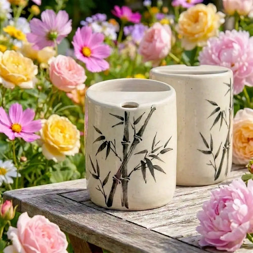 Bamboo Ink Art Ceramic Mug Set | Handmade Japanese Zen Tea & Coffee Cups Siporia