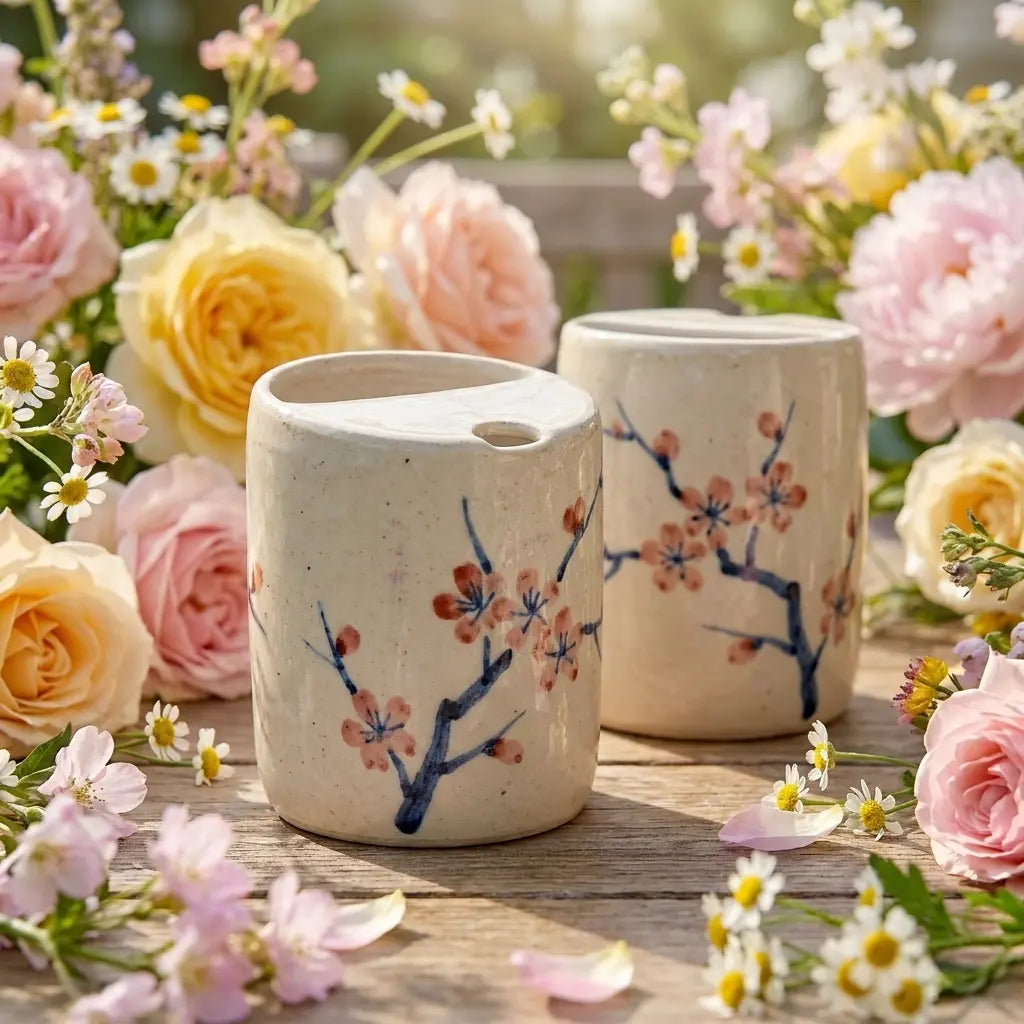 Sakura Branch Ceramic Mug Set | Handmade Japanese Cherry Blossom Tea & Coffee Cups Siporia