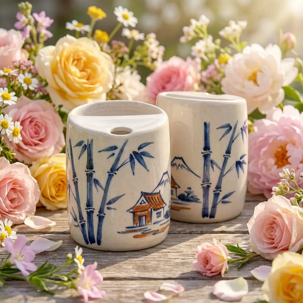 Japanese Village Bamboo Ceramic Mug Set | Handmade Asian-Inspired Tea & Coffee Cups Siporia